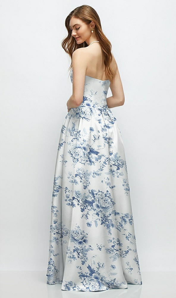 Back View - Cottage Rose Larkspur Floral Strapless Satin Drop Waist Gown with Full Skirt