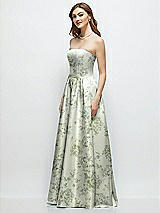 Side View Thumbnail - Sage Cottage Rose Floral Strapless Satin Drop Waist Gown with Full Skirt