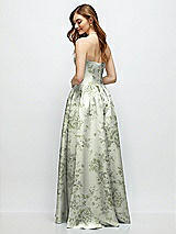 Rear View Thumbnail - Sage Cottage Rose Floral Strapless Satin Drop Waist Gown with Full Skirt