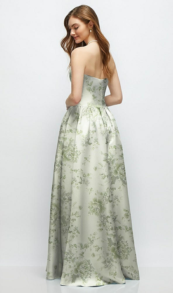 Back View - Sage Cottage Rose Floral Strapless Satin Drop Waist Gown with Full Skirt