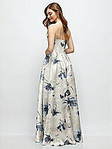 Rear View Thumbnail - Inkwash Blue Floral Floral Strapless Satin Drop Waist Gown with Full Skirt