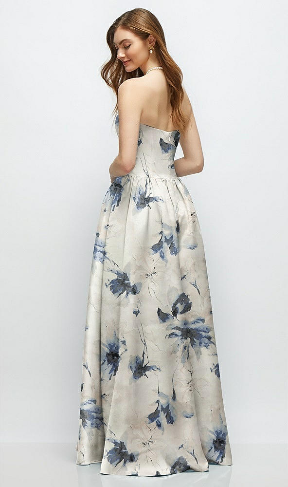 Back View - Inkwash Blue Floral Floral Strapless Satin Drop Waist Gown with Full Skirt