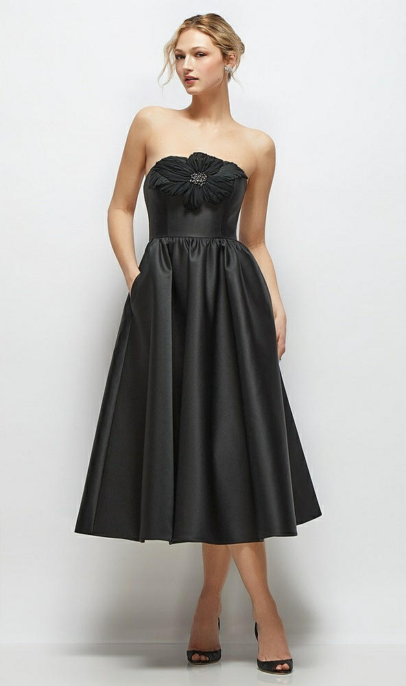 Front View - Black Strapless Satin Midi Dress with Handmade Flower & Horsehair Hem