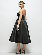 Rear View Thumbnail - Black Strapless Satin Midi Dress with Handmade Flower & Horsehair Hem