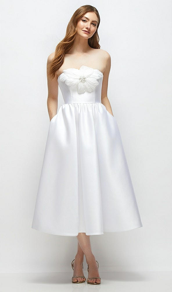 Front View - White Strapless Satin Midi Dress with Handmade Flower & Horsehair Hem