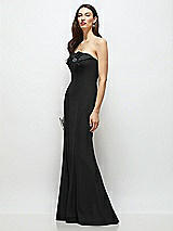 Side View Thumbnail - Black Strapless Black Fit and Flare Dress with Handmade Flower