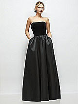 Front View Thumbnail - Black Strapless Black Velvet and Satin Drop Waist Gown with Full Skirt