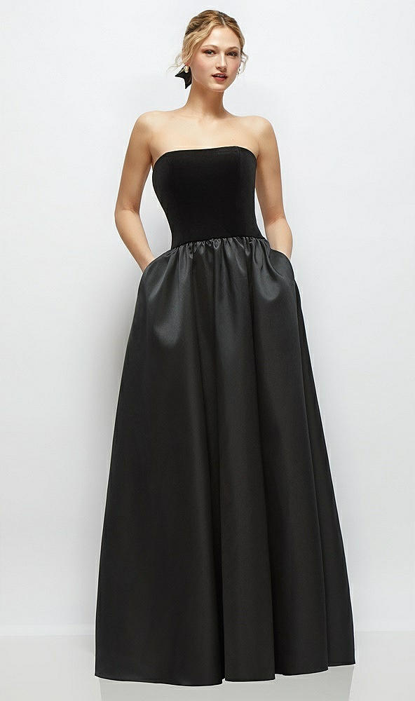 Front View - Black Strapless Black Velvet and Satin Drop Waist Gown with Full Skirt