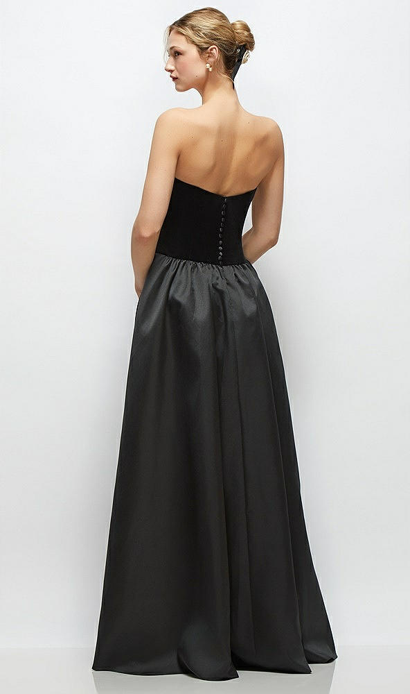 Back View - Black Strapless Black Velvet and Satin Drop Waist Gown with Full Skirt