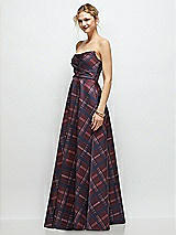 Side View Thumbnail - Cabernet Midnight Tartan Strapless Draped Tartan Cat-Eye Satin Maxi Dress with Full Skirt