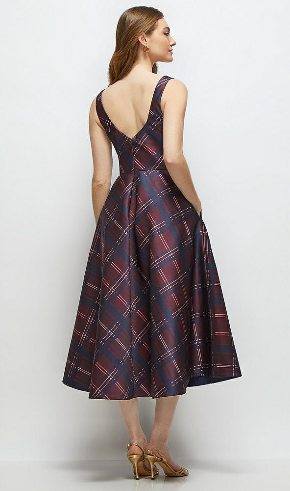 Back View - Cabernet Midnight Tartan Square Neck Alba Tartan Satin Midi Dress