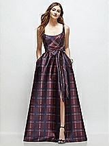 Front View Thumbnail - Cabernet Midnight Tartan Scoop-Neck Tank Bodice Alba Tartan Satin Maxi Dress with Full Skirt