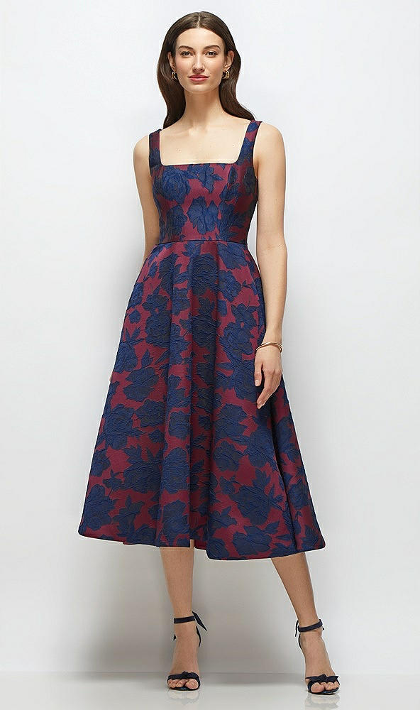 Front View - Burgundy Midnight Floral Square Neck Heritage Floral Jacquard Midi Dress