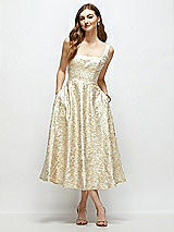Front View Thumbnail - Champagne Filigree Square Neck Champagne Floral Brocade Midi Dress