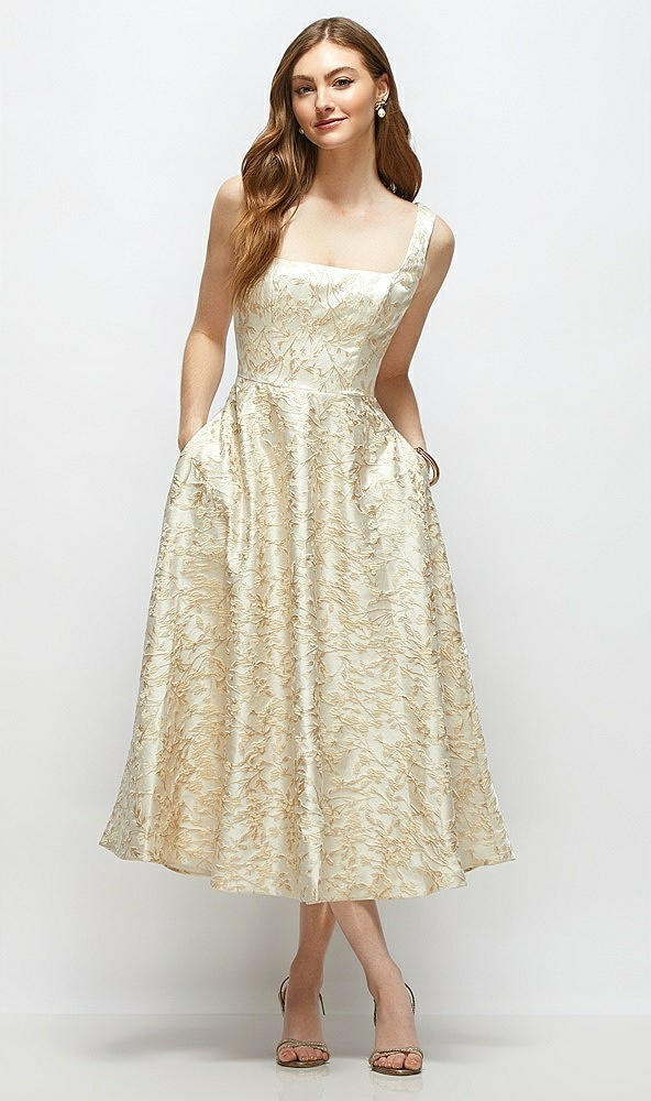 Front View - Champagne Filigree Square Neck Champagne Floral Brocade Midi Dress