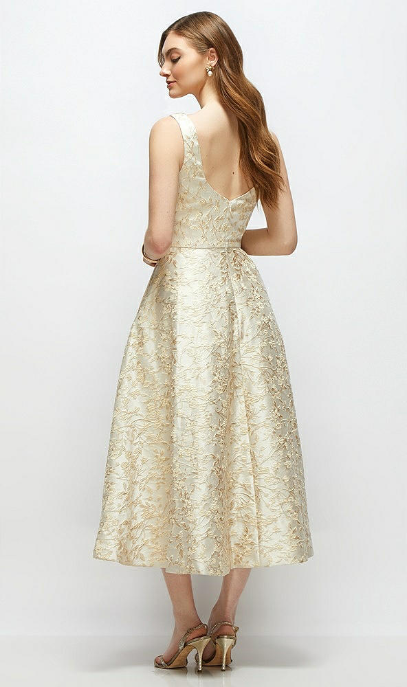 Back View - Champagne Filigree Square Neck Champagne Floral Brocade Midi Dress