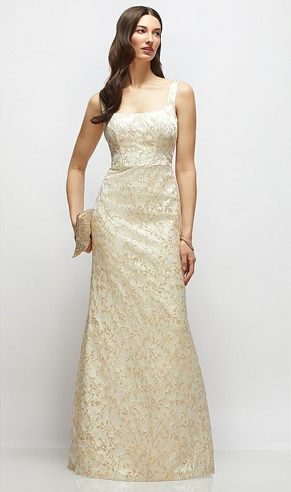 Front View - Champagne Filigree Champagne Floral Brocade Square Neck Maxi Dress with Trumpet Skirt