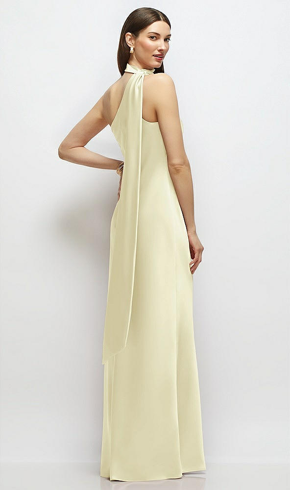 Back View - Butter Yellow Draped Scarf One-Shoulder Bias Stretch Satin Maxi Dress