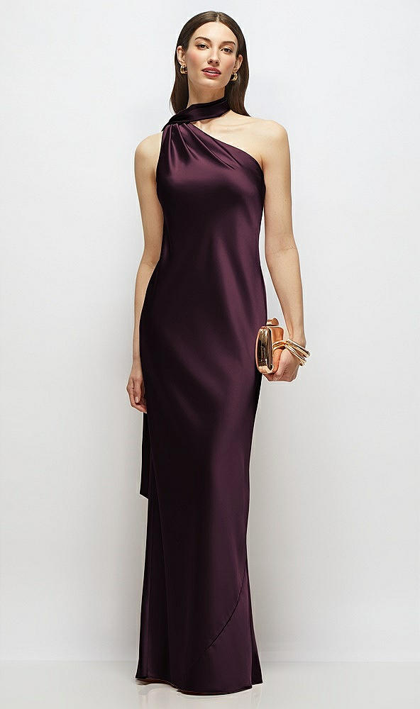 Front View - Deep Plum Draped Scarf One-Shoulder Bias Stretch Satin Maxi Dress