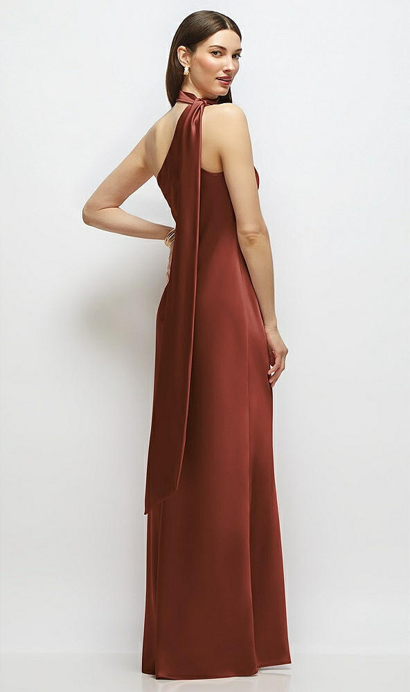 Back View - Auburn Moon Draped Scarf One-Shoulder Bias Stretch Satin Maxi Dress