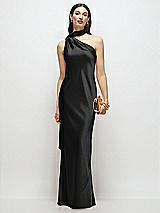 Front View Thumbnail - Black Draped Scarf One-Shoulder Bias Stretch Satin Maxi Dress