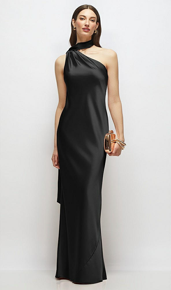 Front View - Black Draped Scarf One-Shoulder Bias Stretch Satin Maxi Dress