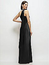 Rear View Thumbnail - Black Draped Scarf One-Shoulder Bias Stretch Satin Maxi Dress