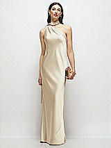 Front View Thumbnail - Champagne Draped Scarf One-Shoulder Bias Stretch Satin Maxi Dress