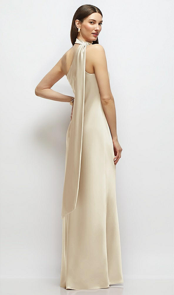 Back View - Champagne Draped Scarf One-Shoulder Bias Stretch Satin Maxi Dress