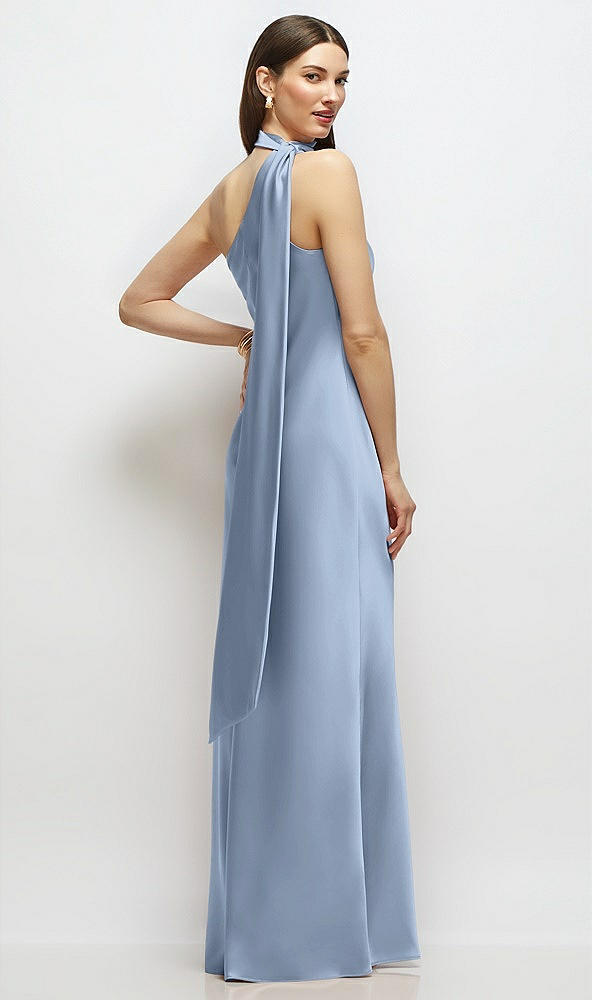 Back View - Cloudy Draped Scarf One-Shoulder Bias Stretch Satin Maxi Dress