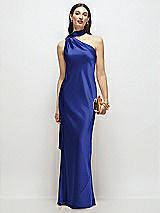 Front View Thumbnail - Cobalt Blue Draped Scarf One-Shoulder Bias Stretch Satin Maxi Dress