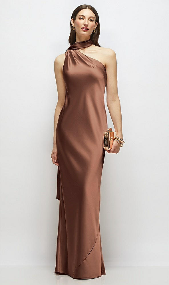 Front View - Cognac Draped Scarf One-Shoulder Bias Stretch Satin Maxi Dress
