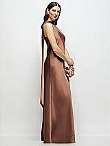 Side View Thumbnail - Cognac Draped Scarf One-Shoulder Bias Stretch Satin Maxi Dress
