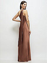 Rear View Thumbnail - Cognac Draped Scarf One-Shoulder Bias Stretch Satin Maxi Dress