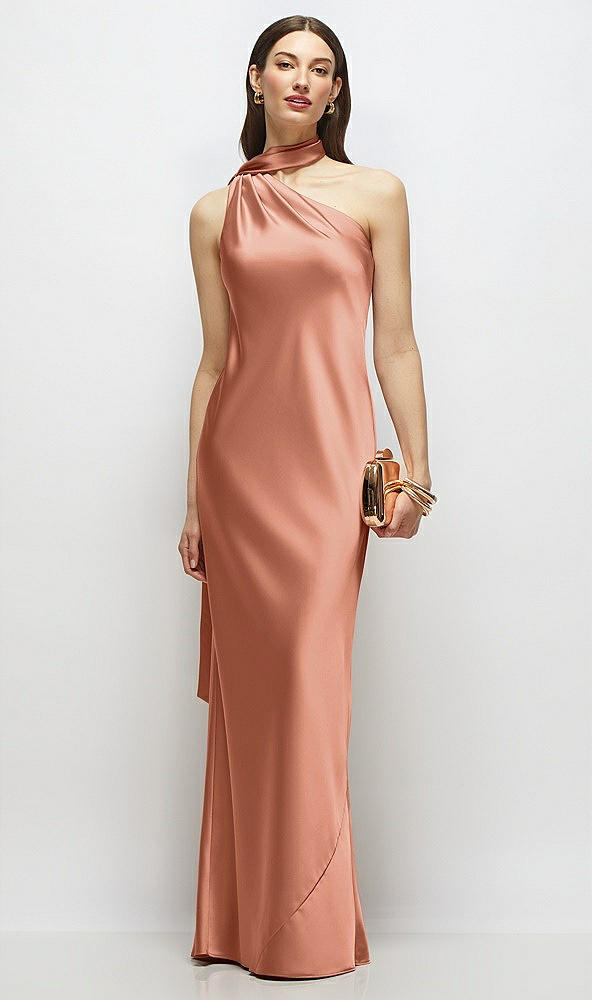 Front View - Copper Penny Draped Scarf One-Shoulder Bias Stretch Satin Maxi Dress