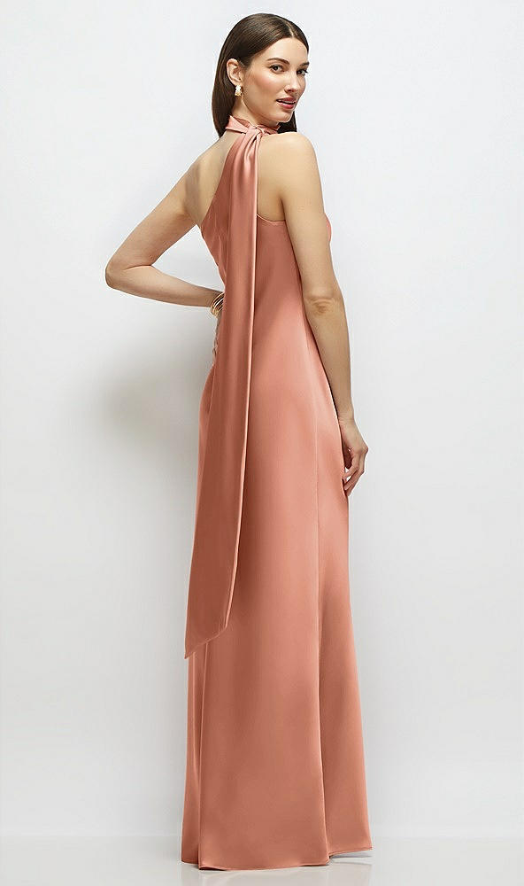 Back View - Copper Penny Draped Scarf One-Shoulder Bias Stretch Satin Maxi Dress