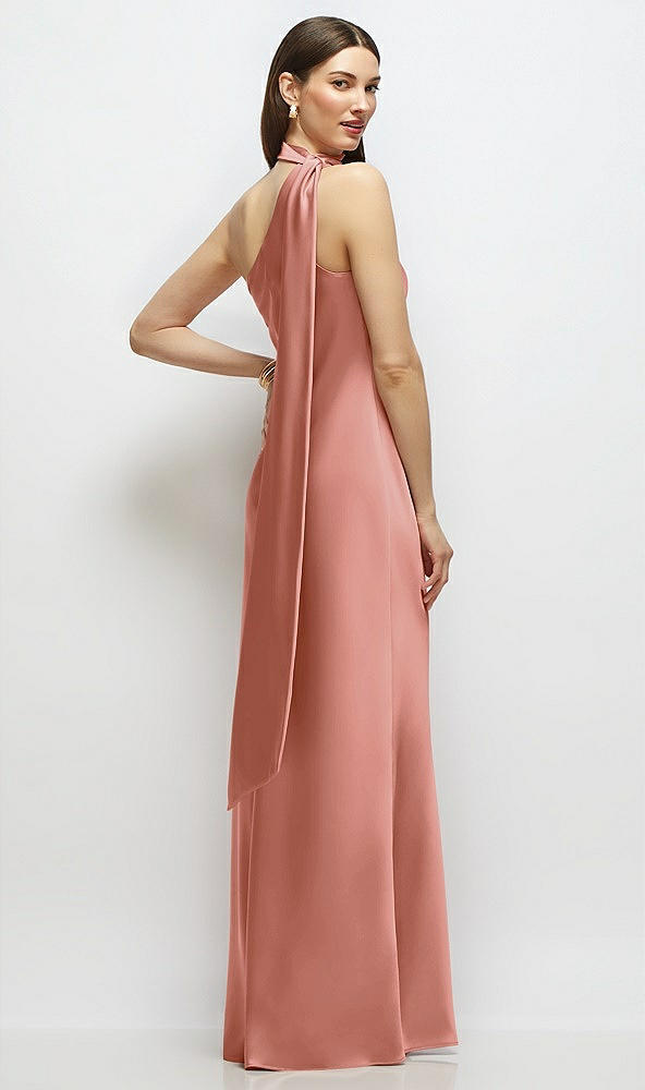 Back View - Desert Rose Draped Scarf One-Shoulder Bias Stretch Satin Maxi Dress