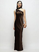 Front View Thumbnail - Espresso Draped Scarf One-Shoulder Bias Stretch Satin Maxi Dress