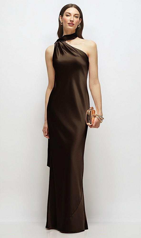 Front View - Espresso Draped Scarf One-Shoulder Bias Stretch Satin Maxi Dress