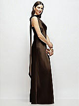 Side View Thumbnail - Espresso Draped Scarf One-Shoulder Bias Stretch Satin Maxi Dress