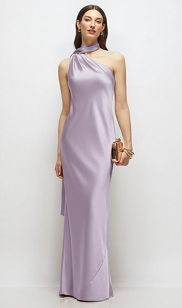 Front View - Lilac Haze Draped Scarf One-Shoulder Bias Stretch Satin Maxi Dress