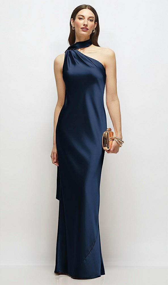 Front View - Midnight Navy Draped Scarf One-Shoulder Bias Stretch Satin Maxi Dress