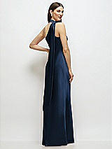 Rear View Thumbnail - Midnight Navy Draped Scarf One-Shoulder Bias Stretch Satin Maxi Dress