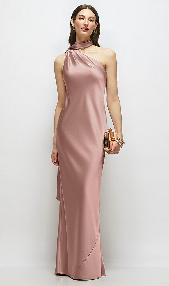 Front View - Neu Nude Draped Scarf One-Shoulder Bias Stretch Satin Maxi Dress