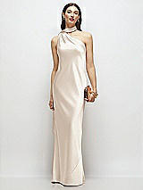 Front View Thumbnail - Oat Draped Scarf One-Shoulder Bias Stretch Satin Maxi Dress