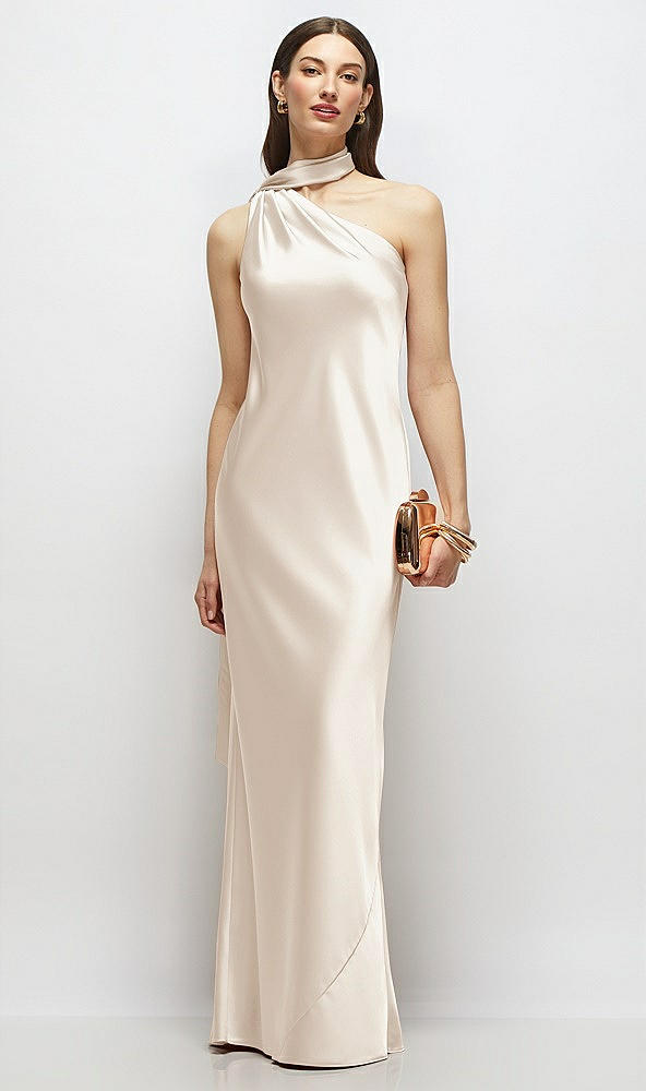 Front View - Oat Draped Scarf One-Shoulder Bias Stretch Satin Maxi Dress