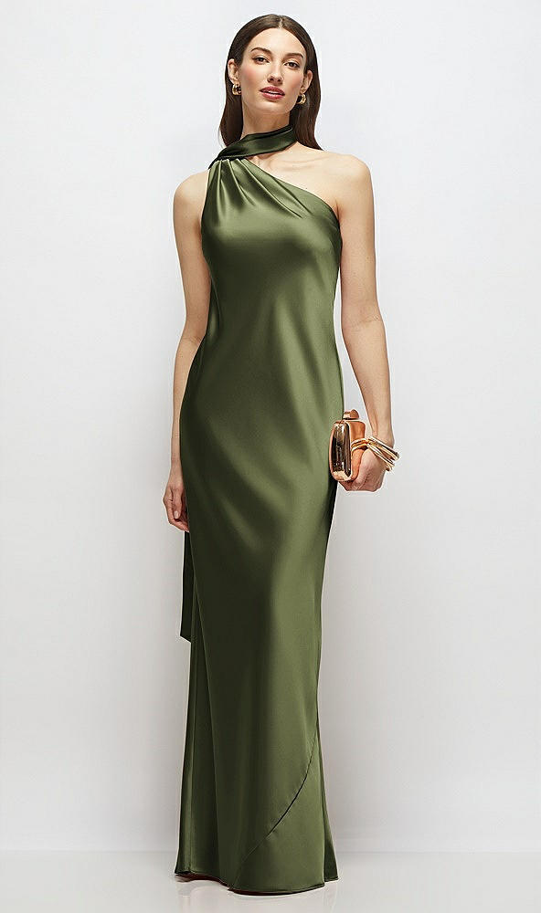 Front View - Olive Green Draped Scarf One-Shoulder Bias Stretch Satin Maxi Dress