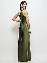 Rear View Thumbnail - Olive Green Draped Scarf One-Shoulder Bias Stretch Satin Maxi Dress