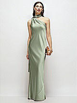 Front View Thumbnail - Sage Draped Scarf One-Shoulder Bias Stretch Satin Maxi Dress