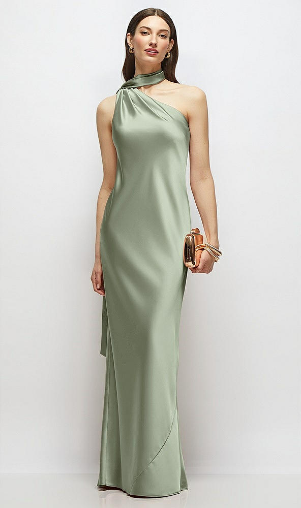 Front View - Sage Draped Scarf One-Shoulder Bias Stretch Satin Maxi Dress